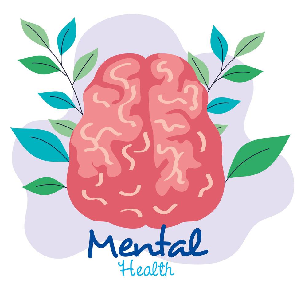 mental health concept, brain with leaves vector