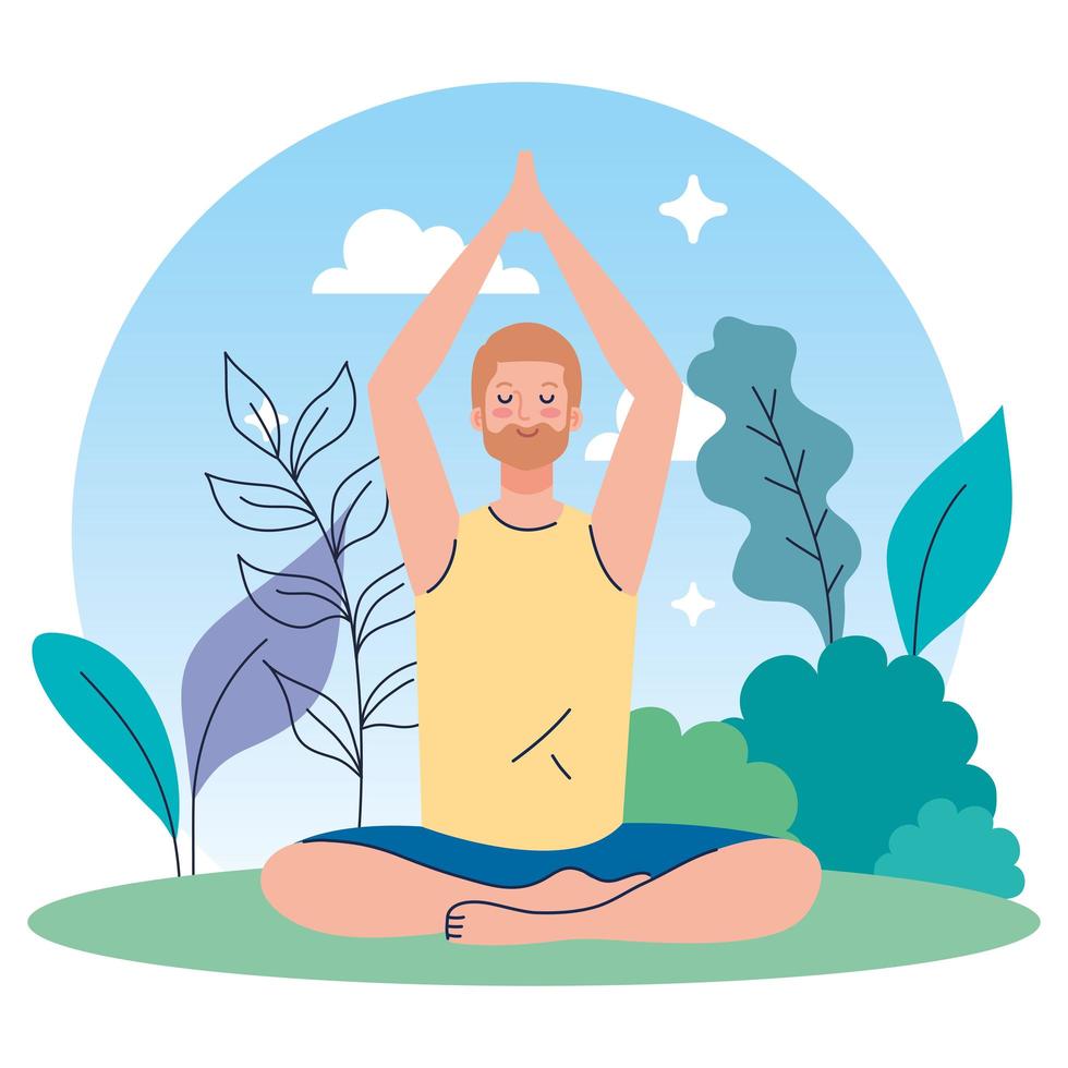 hombre meditando en la naturaleza y hojas, concepto de yoga, meditación, relajación, estilo de vida saludable vector