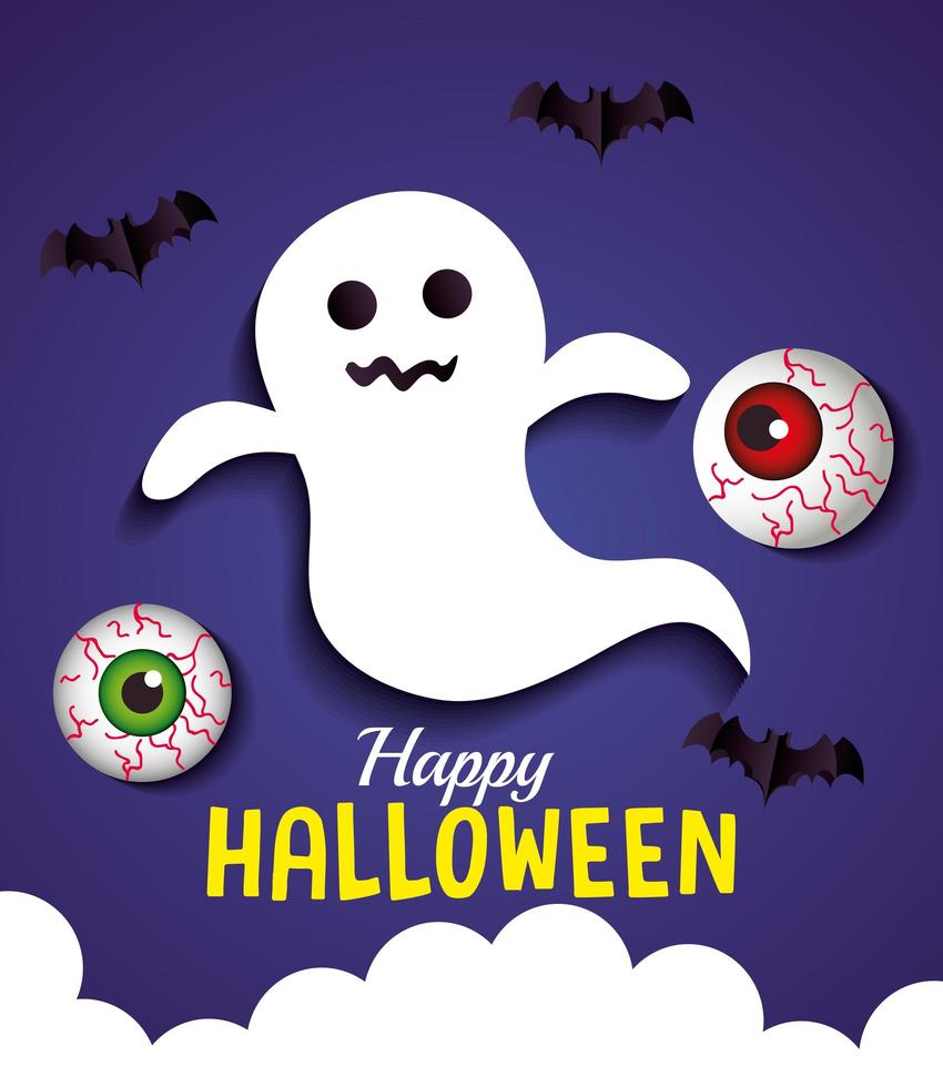 happy halloween banner, with ghost, eyeballs and bats flying in paper cut style vector