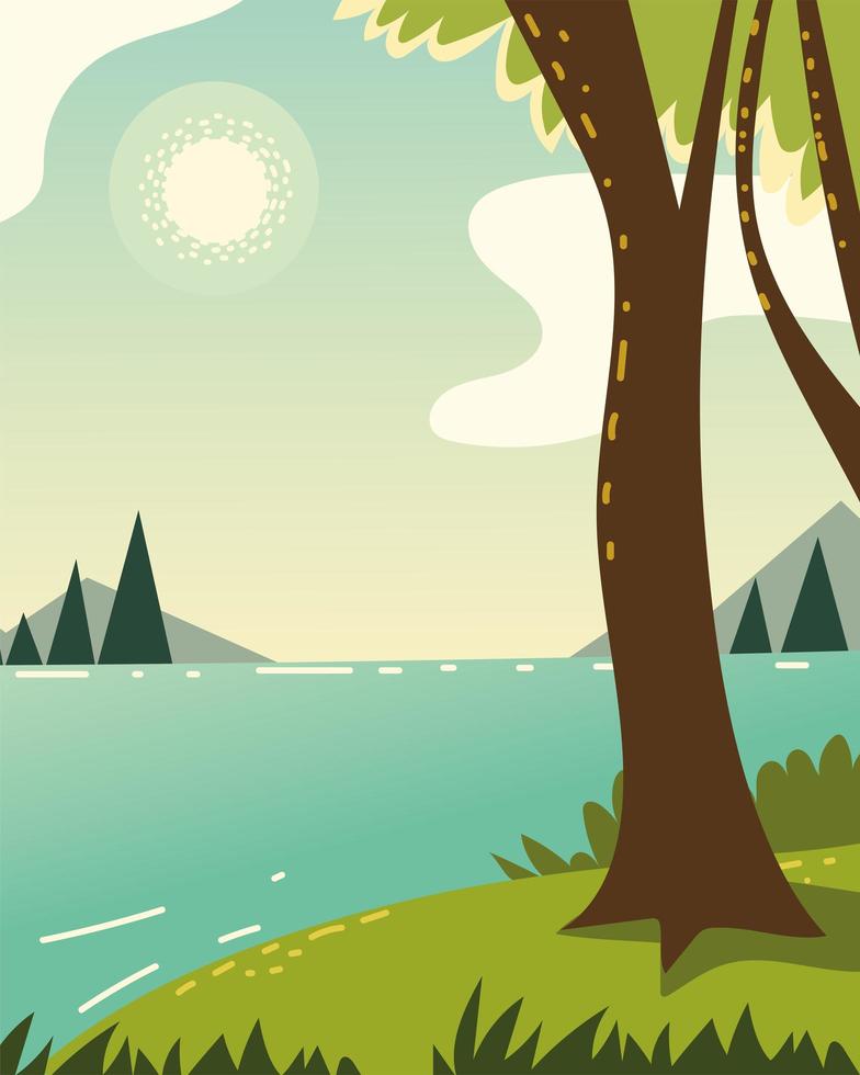 forest scene, tree and river vector