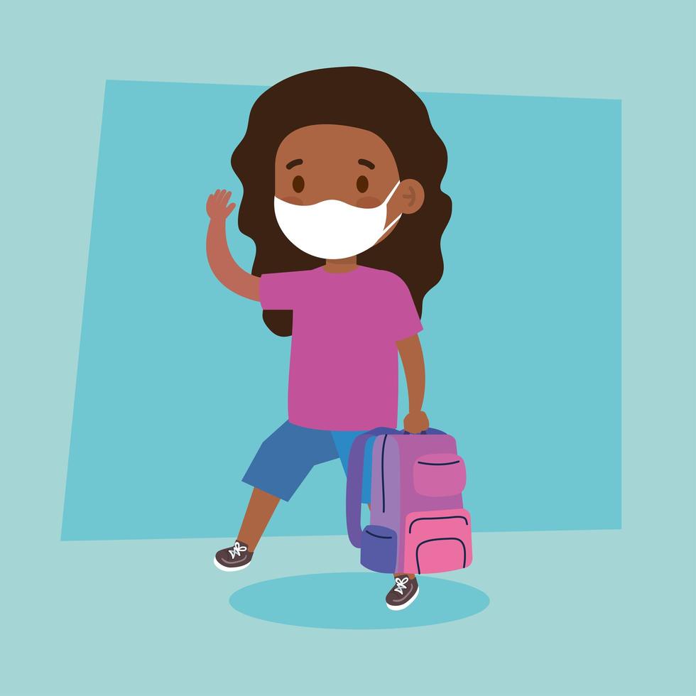 cute girl wearing medical mask to prevent coronavirus covid 19 with school bag, student girl wearing protective medical mask with school bag vector
