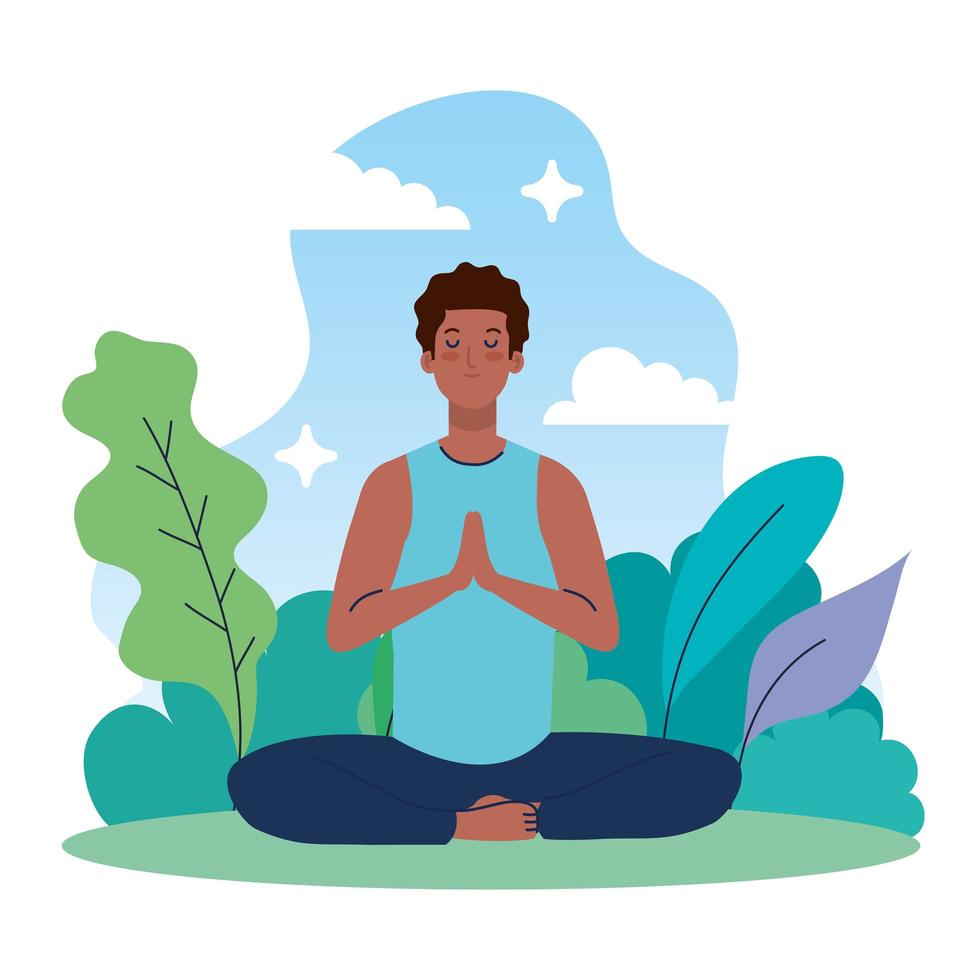 hombre meditando en la naturaleza y hojas, concepto de yoga, meditación, relajación, estilo de vida saludable vector