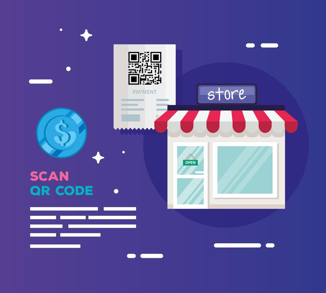 escanear el código qr con la fachada de la tienda y el cupón vector