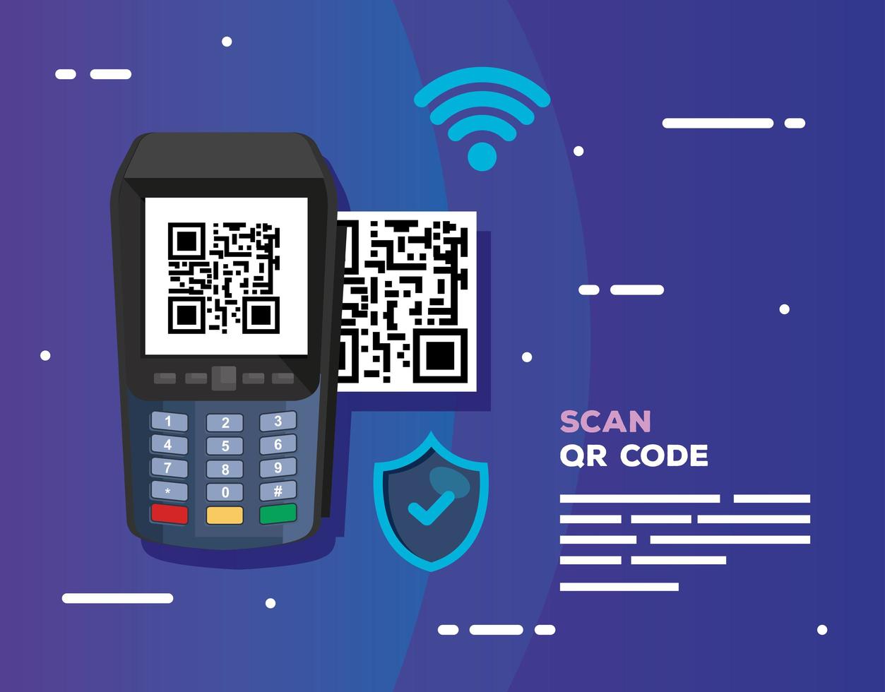datáfono con código de escaneo qr e íconos vector