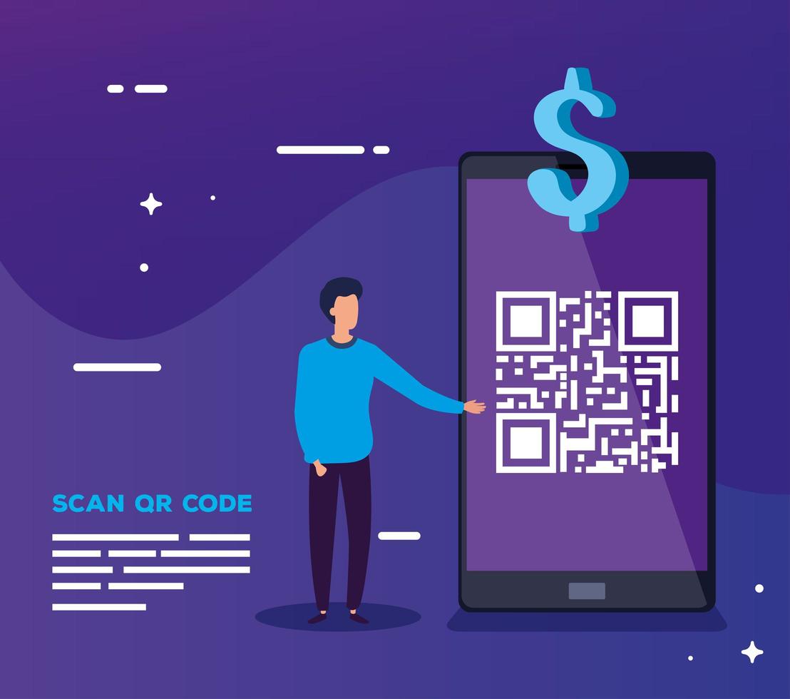 smartphone scan code qr with business man and symbol dollar vector