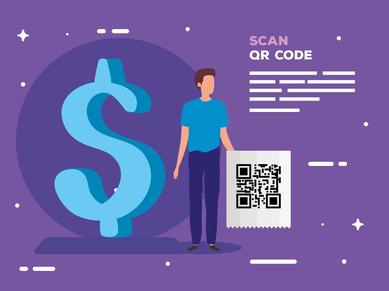 escanear el código qr en el vale con el hombre de negocios y el símbolo del dólar vector