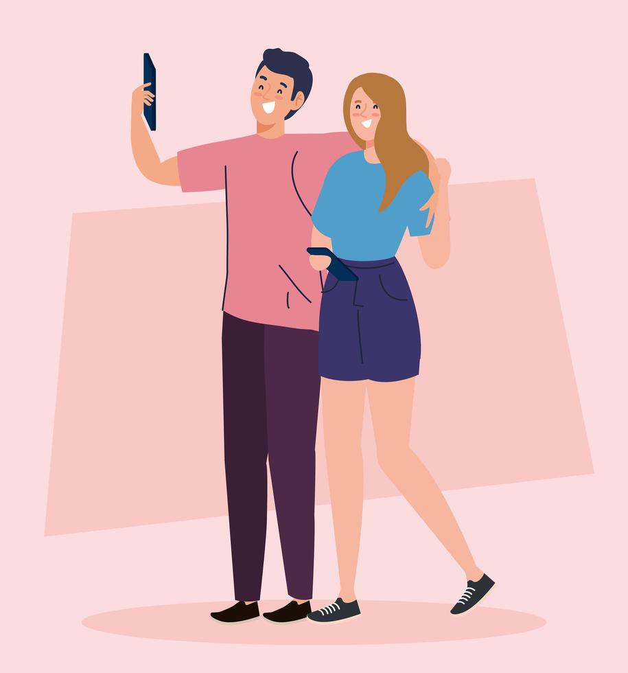 feliz pareja tomar selfie, mujer y hombre son fotografiados juntos vector
