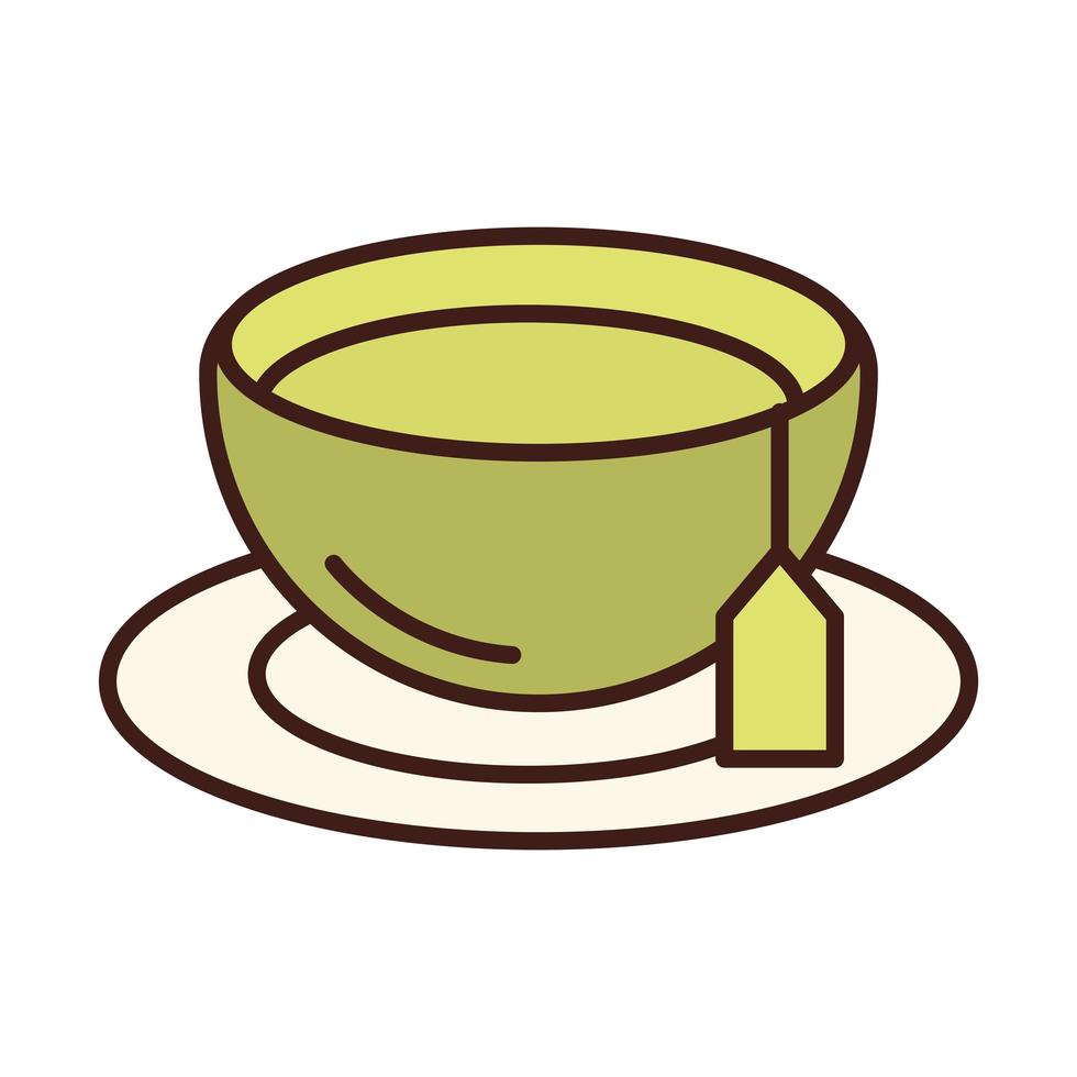 breakfast tea cup with teabag herbal drink line and fill style vector