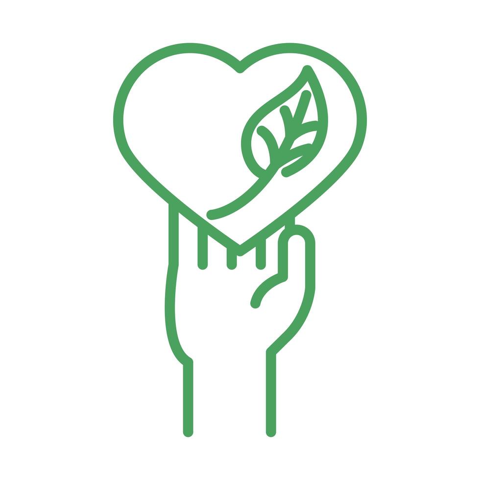 organic natural hand with heart leaf green line style vector