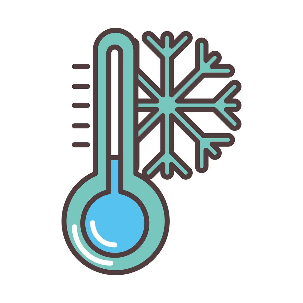 clima invierno copo de nieve línea de temperatura fría y estilo de relleno vector