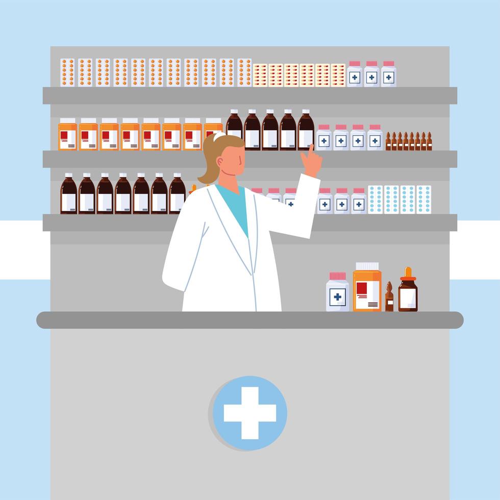 woman pharmacist and medicaments vector