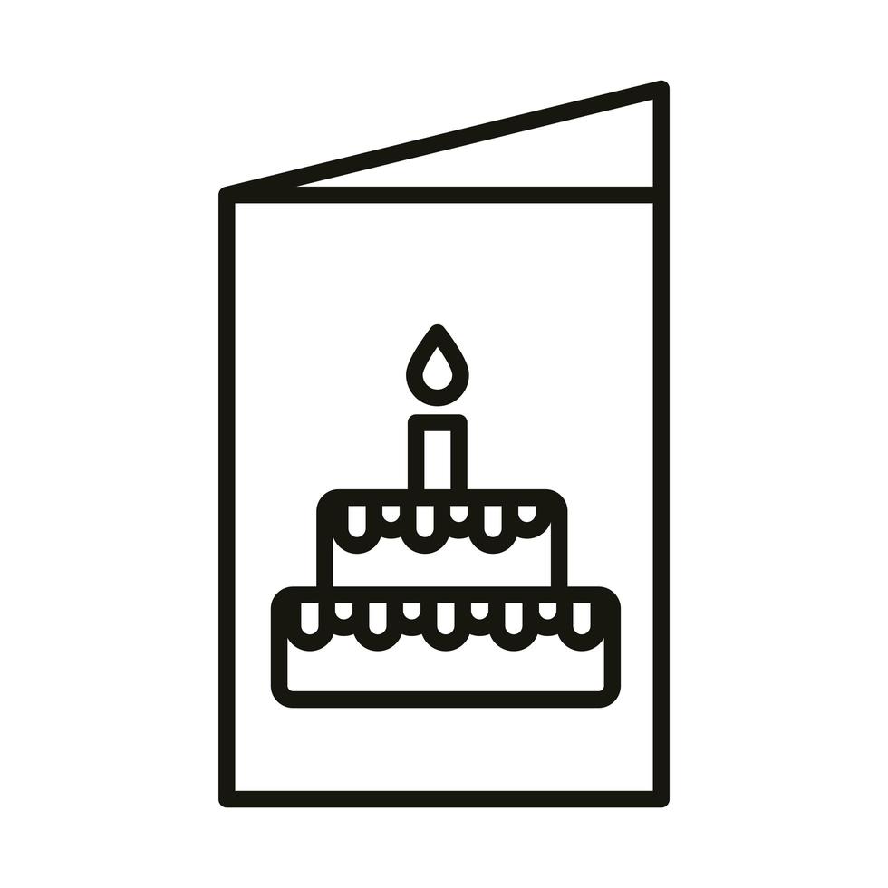 Tarjeta de felicitación de feliz cumpleaños con estilo de icono de línea de fiesta de celebración de pastel vector