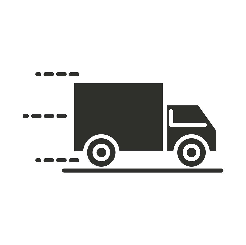 camión de reparto, transporte, logístico, silueta, icono vector