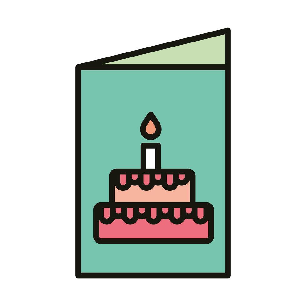 happy birthday greeting card with cake celebration party line and fill style vector