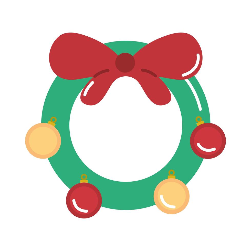 feliz navidad, corona, con, arco, y, bolas, decoración, caricatura, plano, icono vector