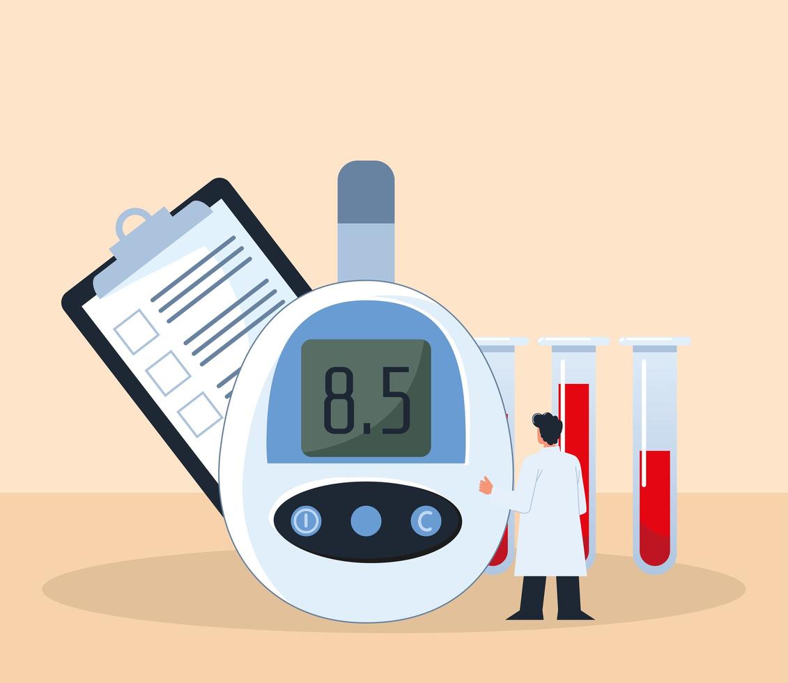 diabetes, médico y glucómetro vector