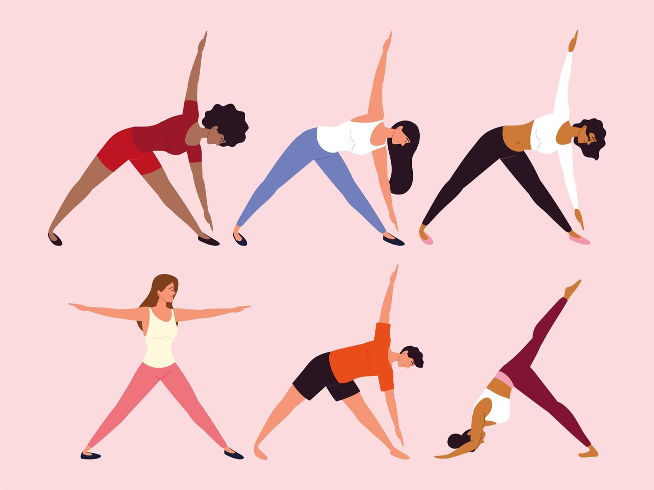 personas en diferentes posturas de yoga. vector