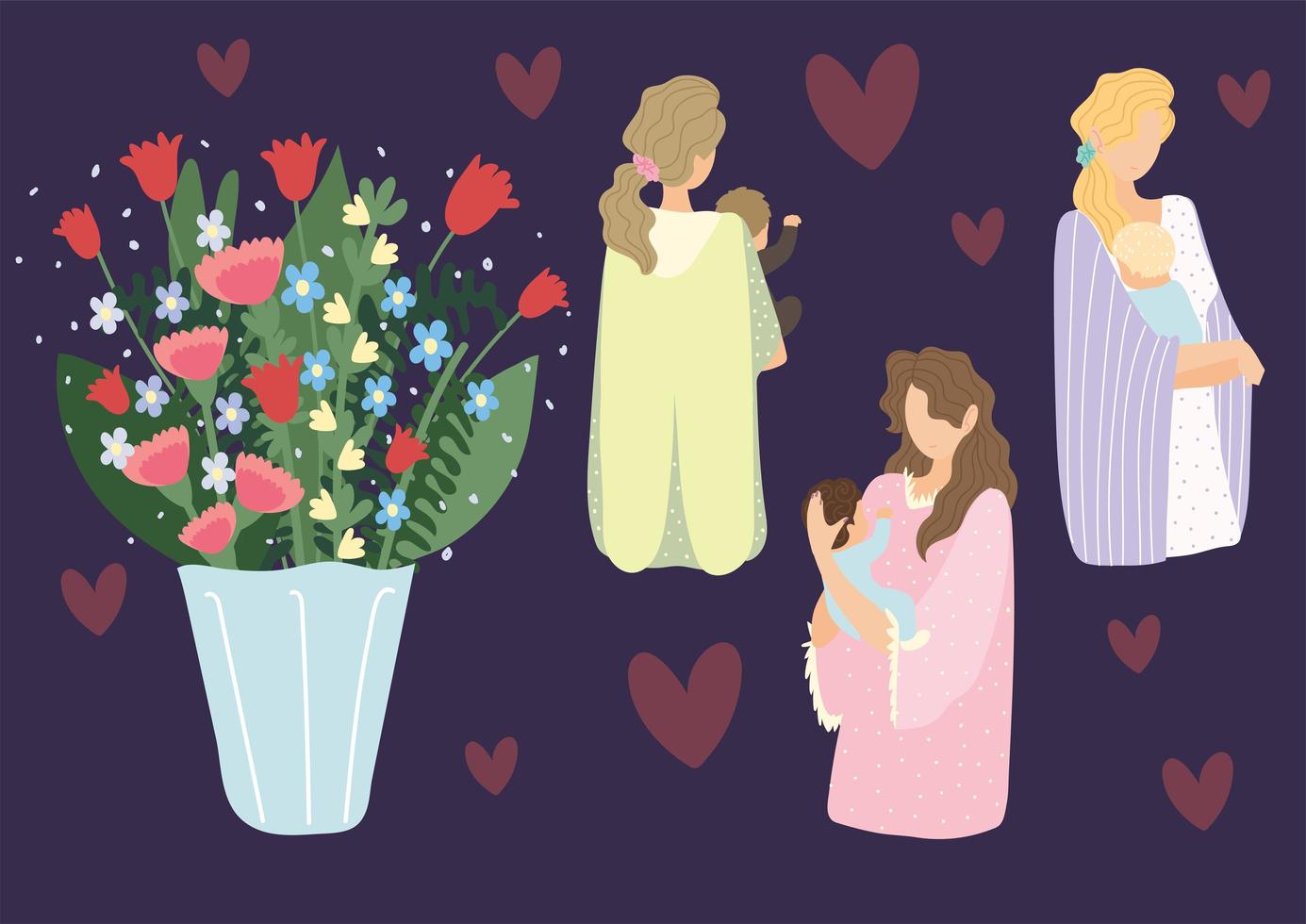 madres, bebés y flores vector