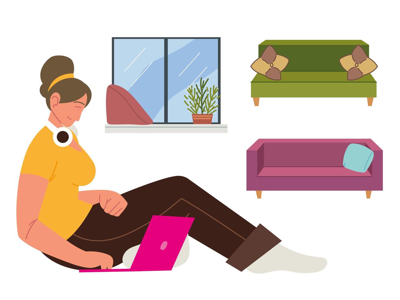 woman with laptop and sofa vector