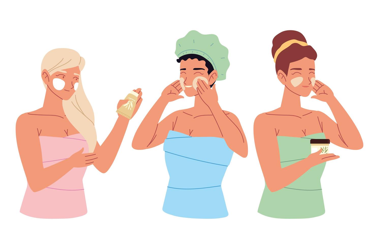 beautiful women with cosmetic bottles of natural cream for face skincare vector