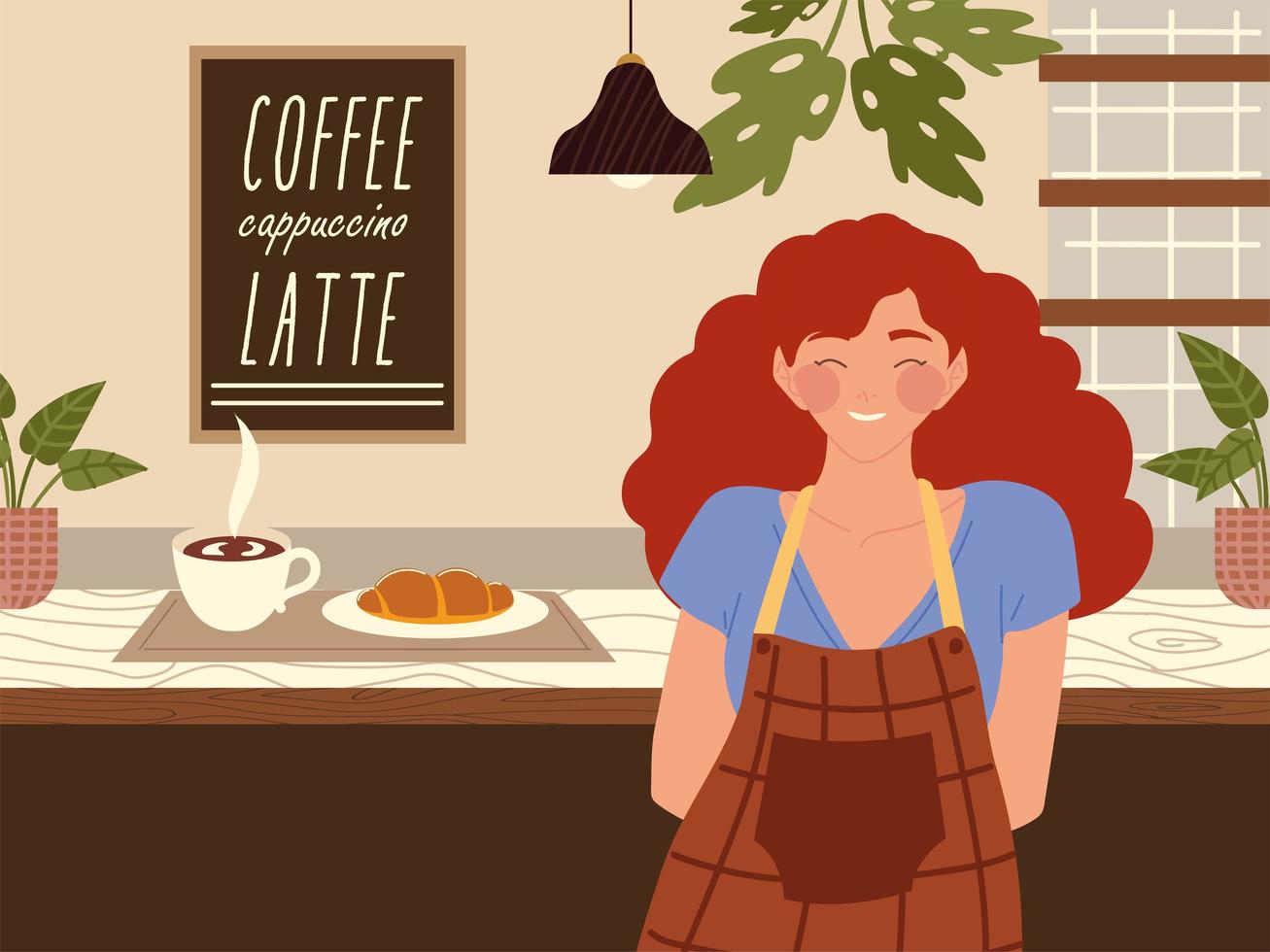 smiling female barista in apron with hot coffee and croissant on coffee shop counter vector