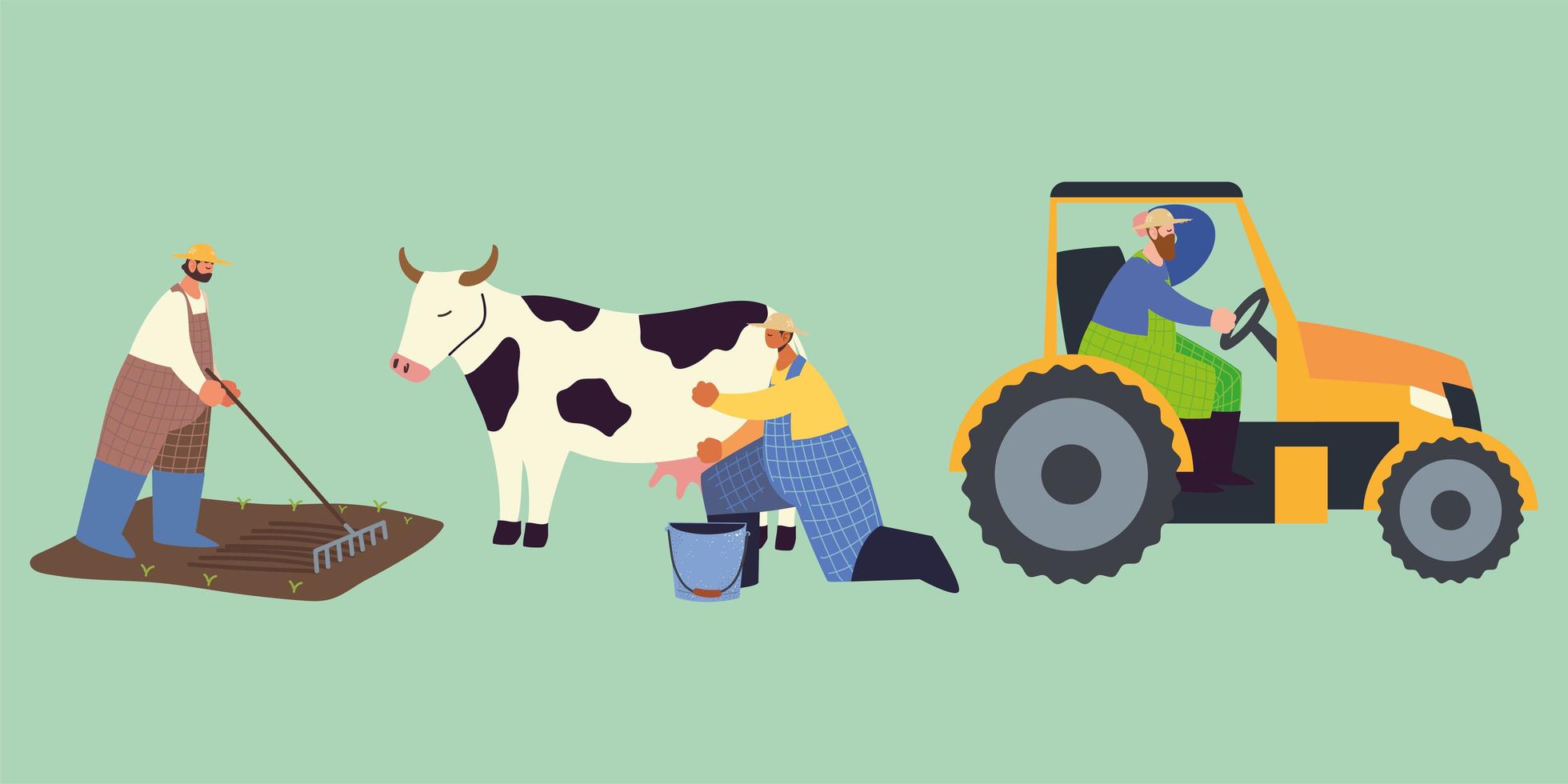 granja y agricultura, agricultor con tractor, vaca y trabajo de siembra vector