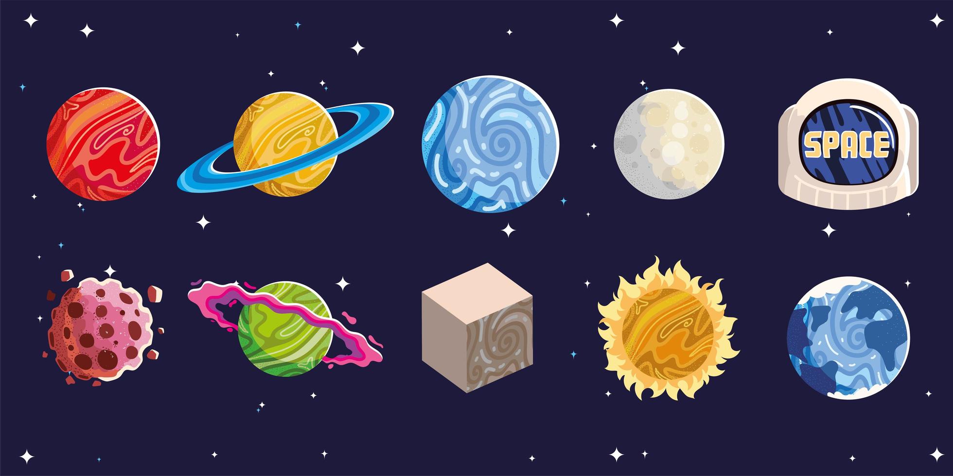 planetas espaciales, sol, luna, casco asteroide, astronomía galaxia iconos vector