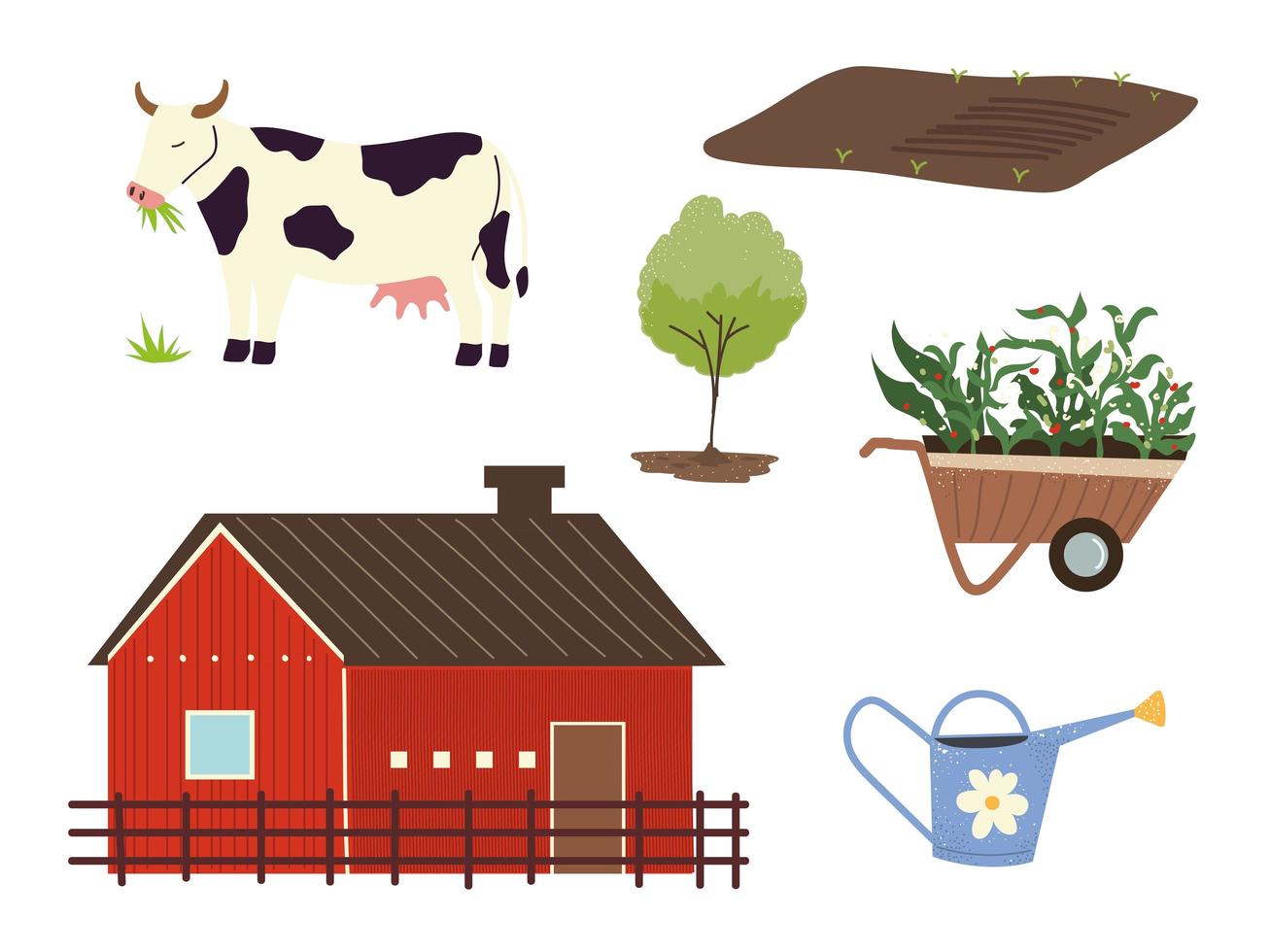 farm and agriculture, barn, cow, tree, wheelbarrow and watering can vector