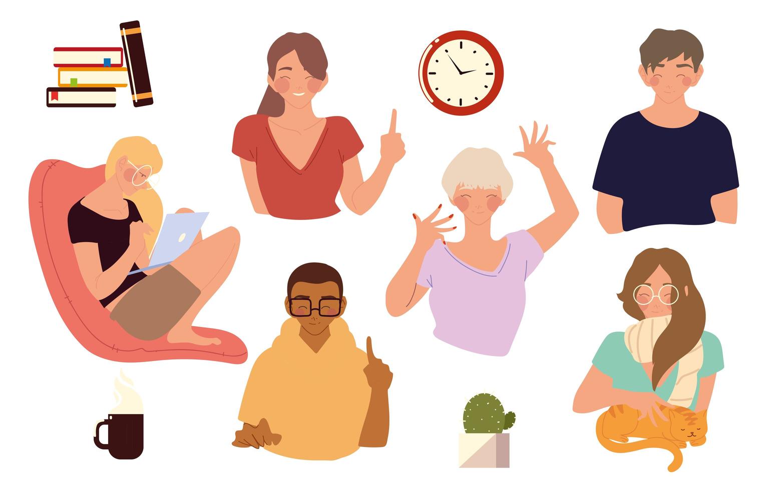 people with laptop, clock, books, coffee cup and plants vector