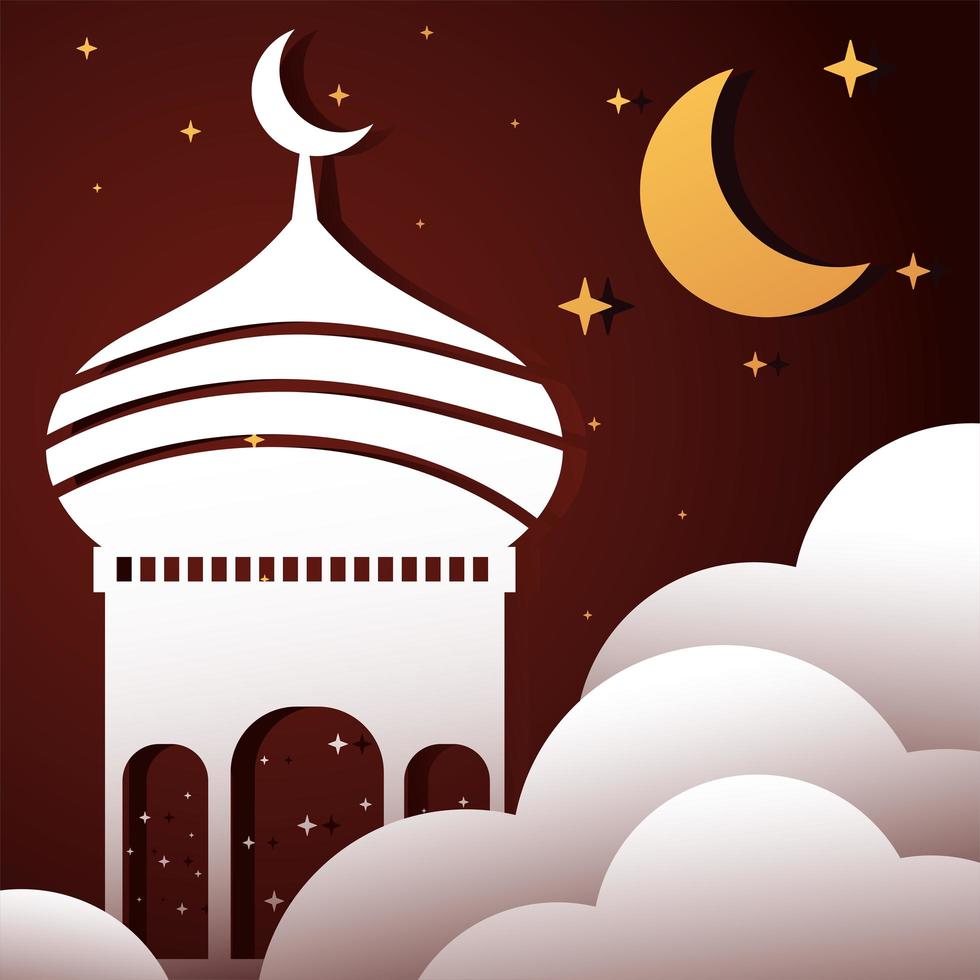 arabic mosque oriental classic, moon, clouds and stars in the sky vector