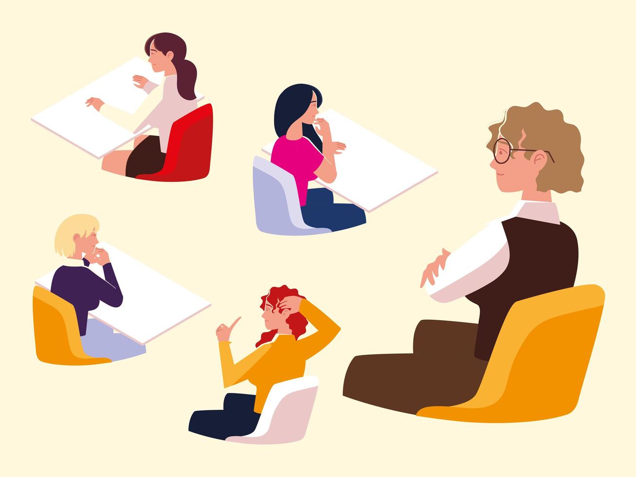 mujeres empresarias sentadas en un escritorio, personajes femeninos trabajando vector