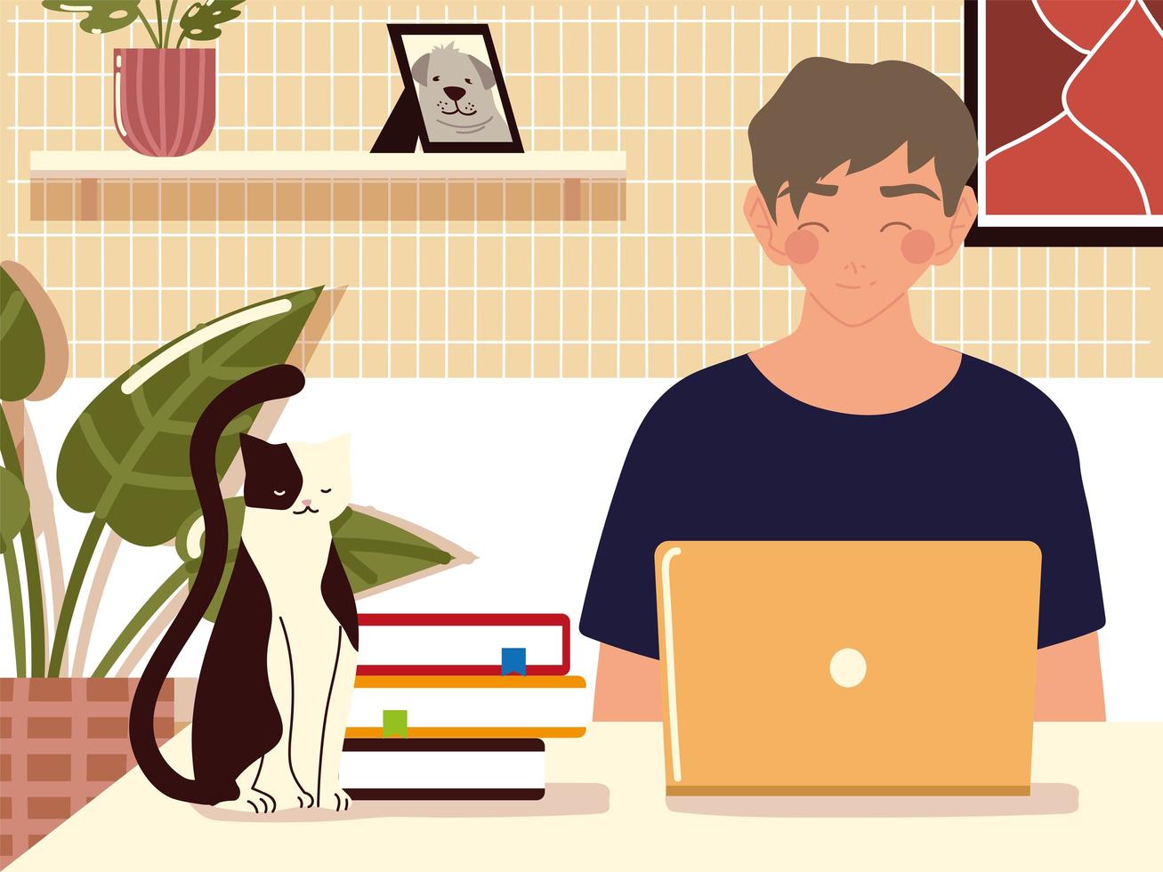 home working, young man using laptop, books and cat on desk vector