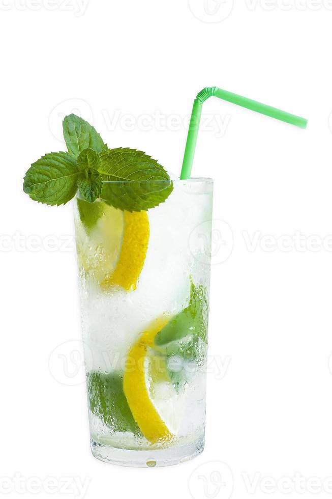 A soft drink, water with lemon and mint in a man, on a white background, isolate photo