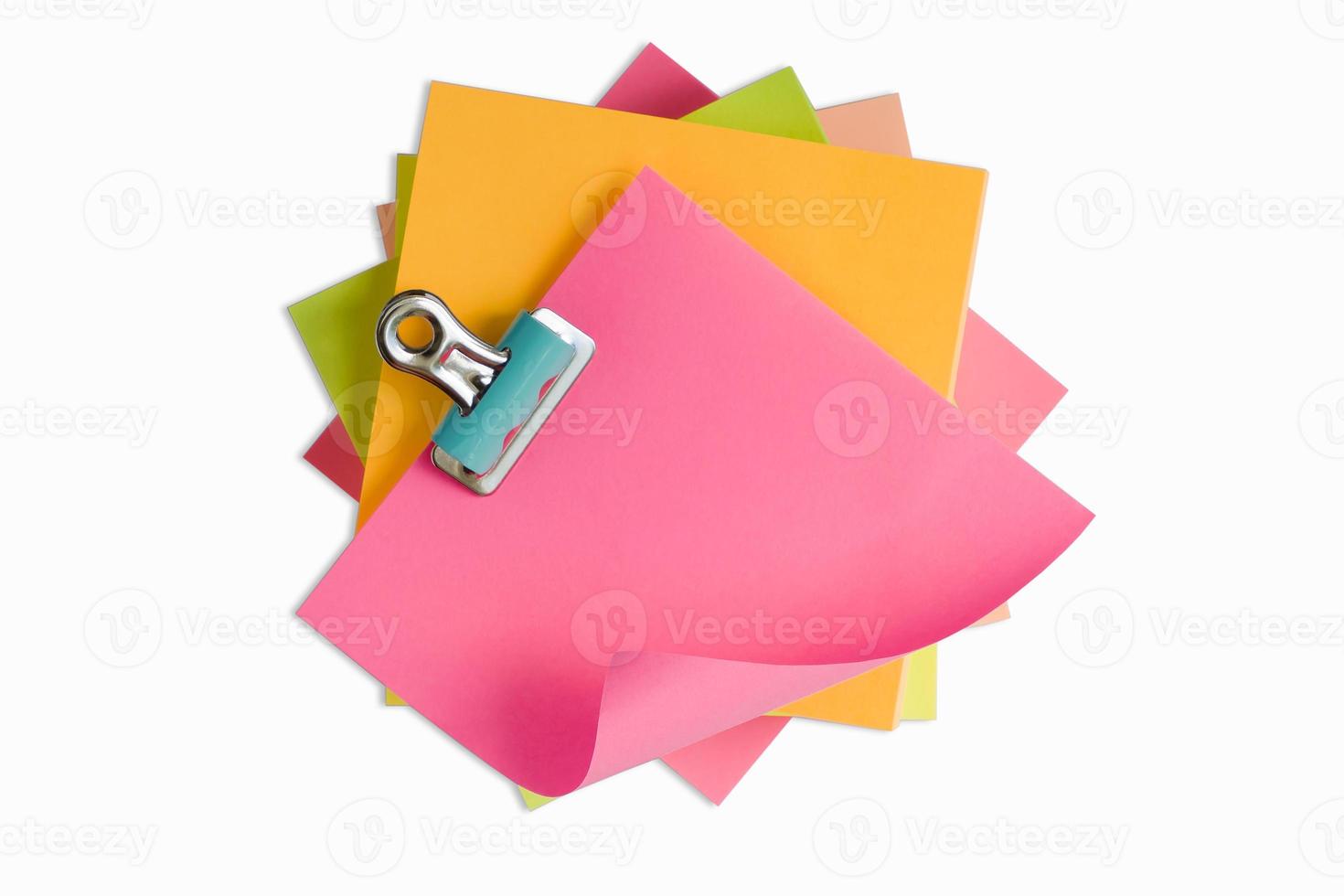 Top view of colorful sticky note papers isolated on white photo