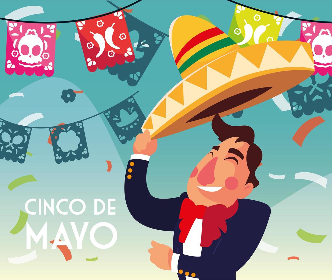 cinco de mayo greeting card with mexican mariachi vector