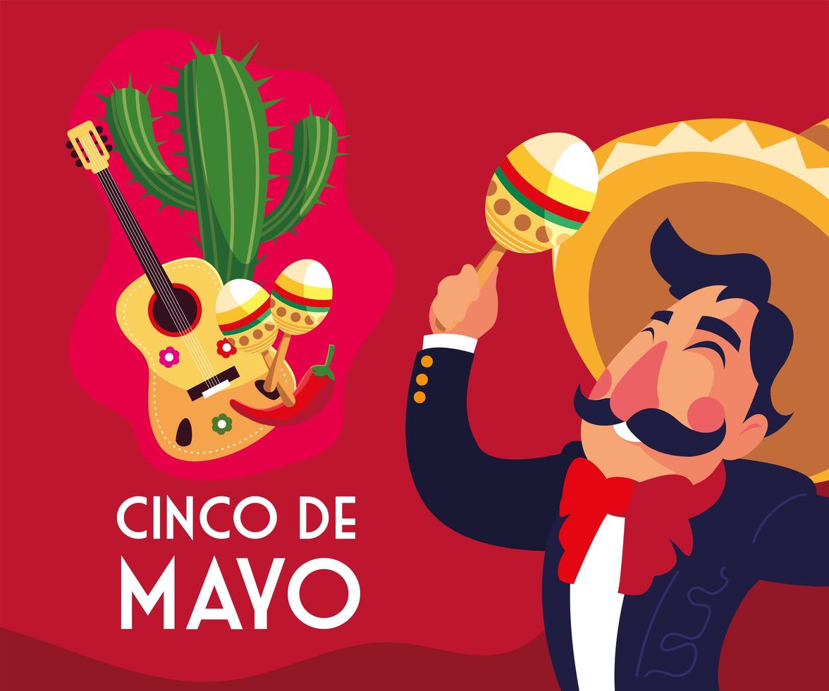 cinco de mayo greeting card with mexican mariachi vector