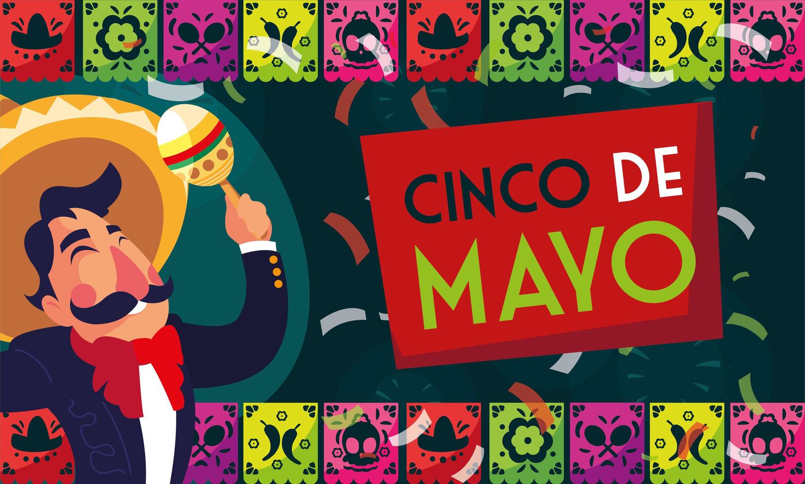 tarjeta de felicitación del cinco de mayo con mariachi mexicano vector