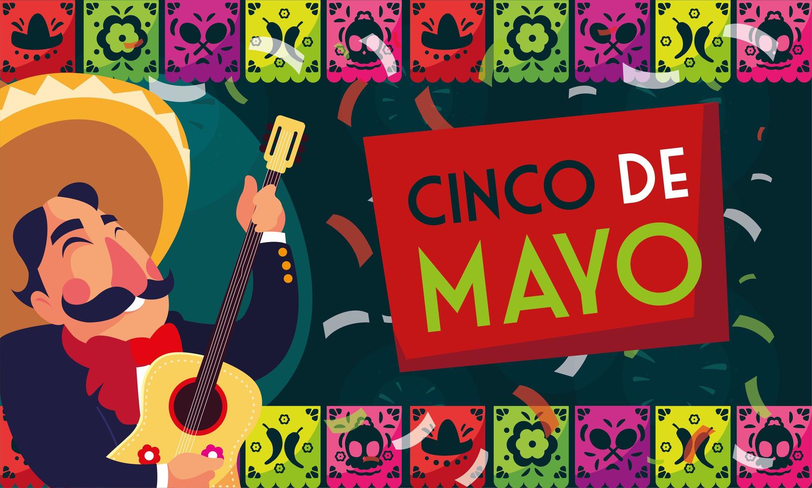 cinco de mayo greeting card with mexican mariachi vector