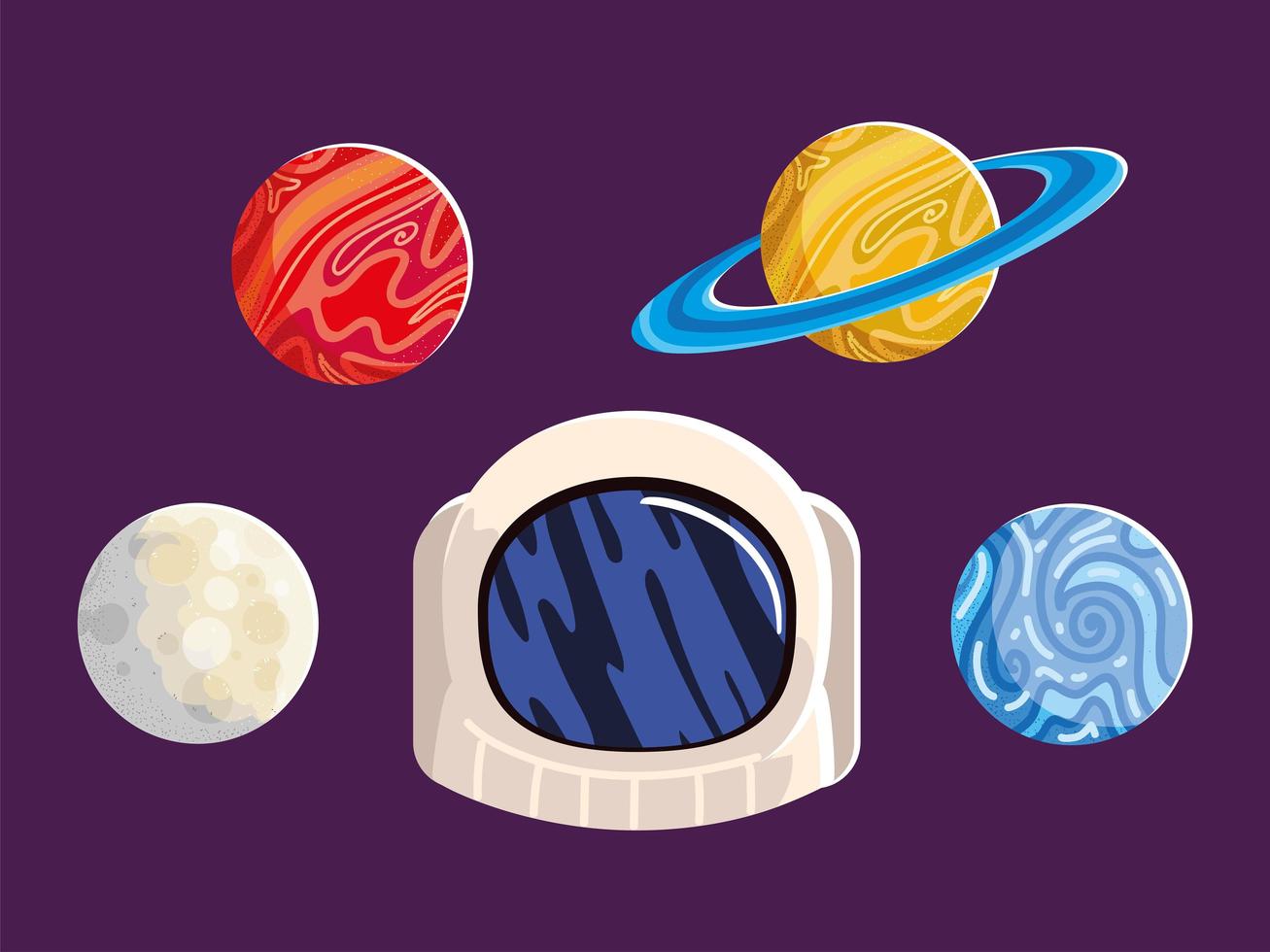 space helmet uniform, moon, sun and planet, astronomy galaxy vector