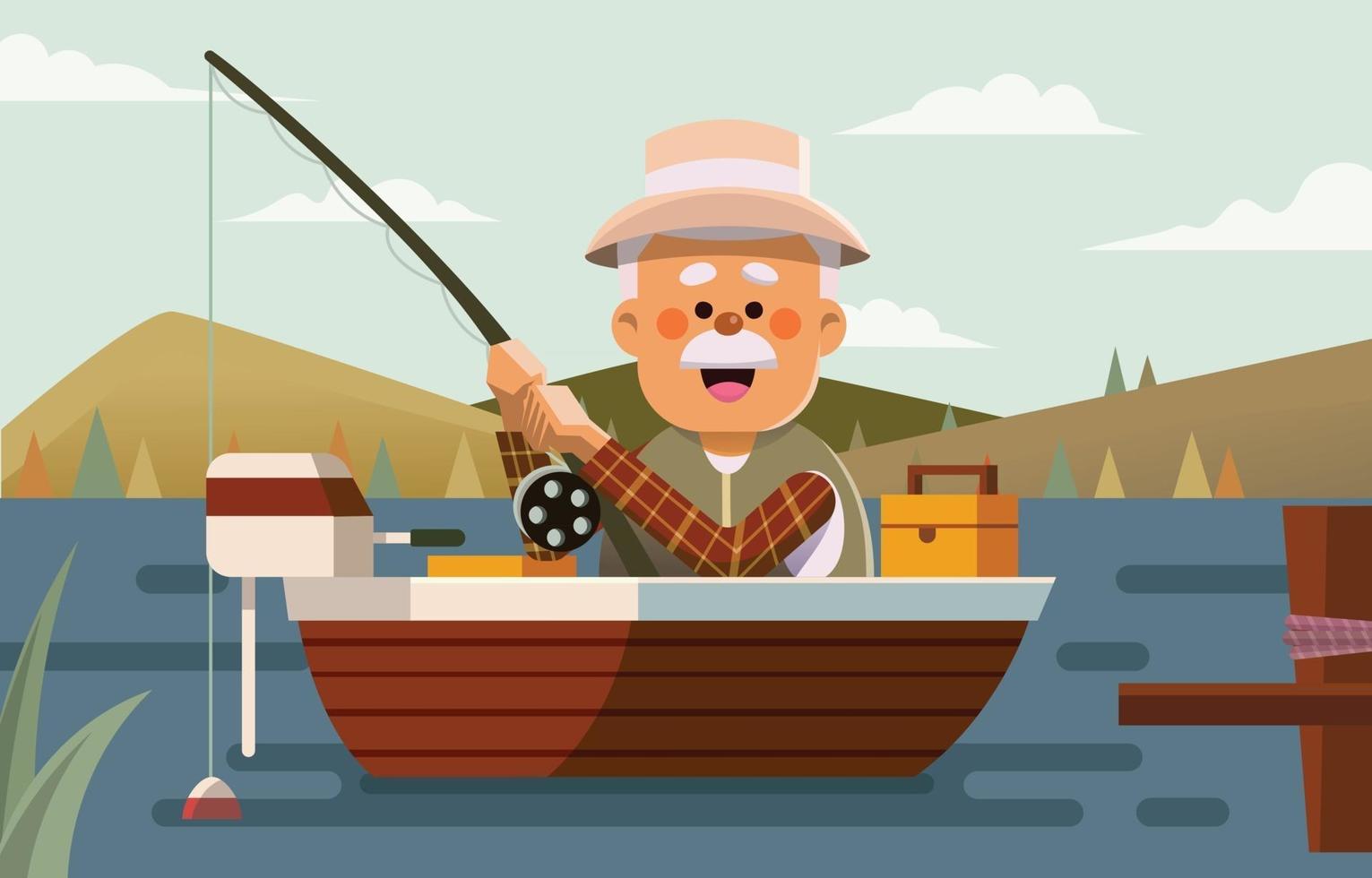 pescador con caña de pescar en el barco vector