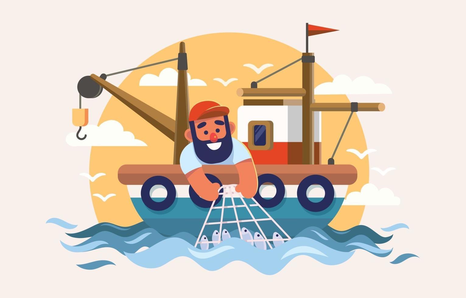 Fisherman in Boat Catch a Lot Fish vector