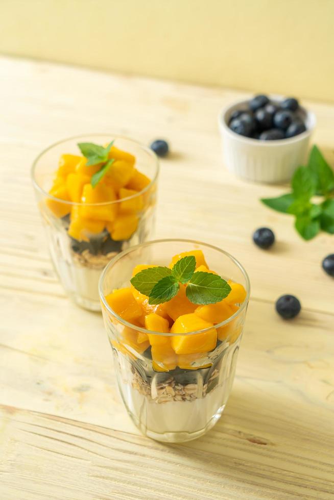 mango fresco casero y arándanos frescos con yogur y granola - estilo de comida saludable foto