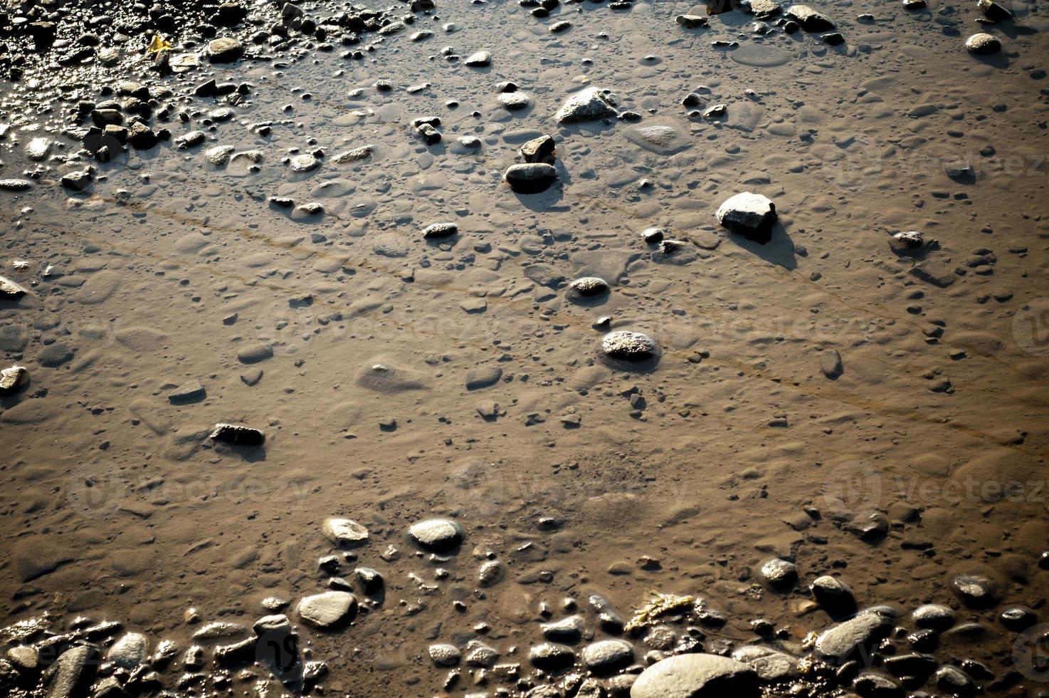 A puddle with pebbles under the bright morning sunlight photo