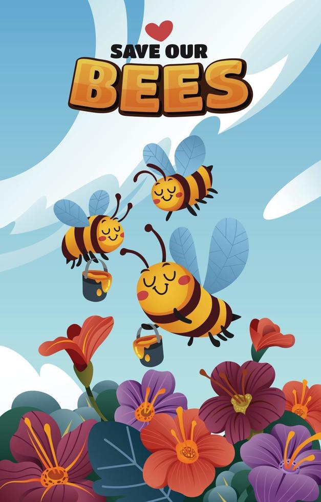 Three bees harvest honey from flowers in the garden vector