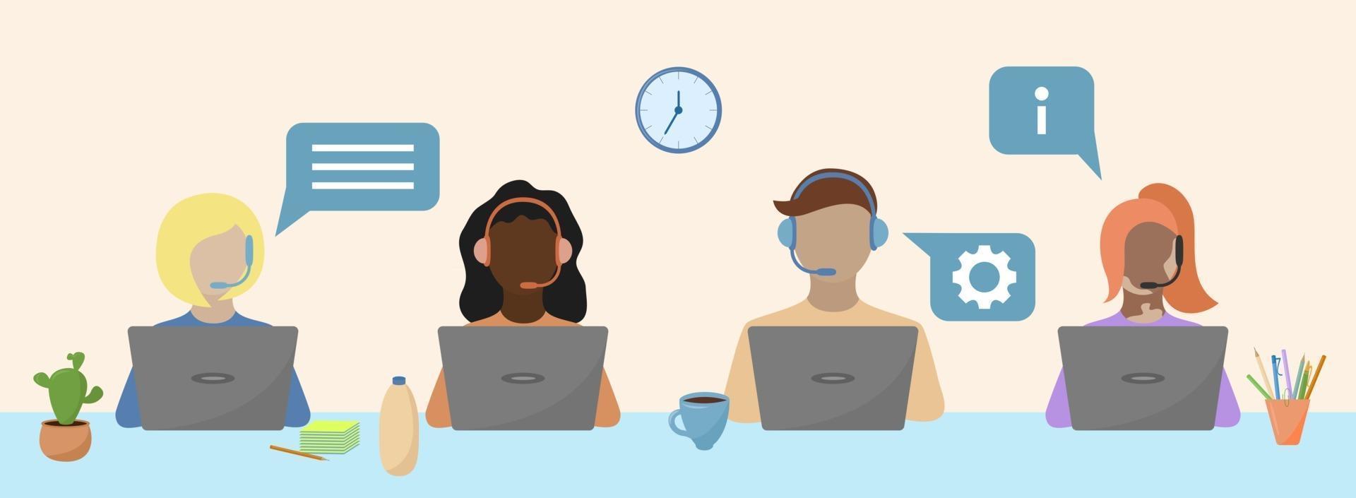 Call center office People works as operators with headphones and laptops Job online consulting concept Vector flat illustration