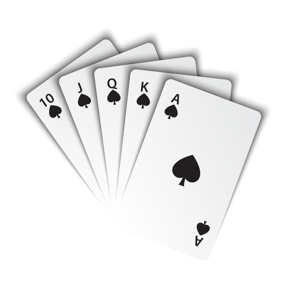 A royal flush of spades on white background, winning hands of poker cards, casino playing cards, vector poker symbols