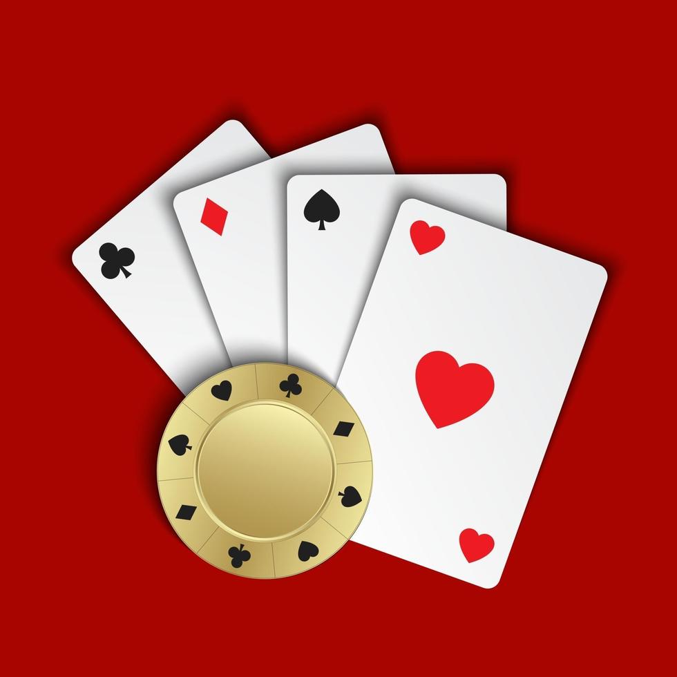 Juego de cartas simples con fichas de casino sobre fondo rojo, ilustración vectorial vector