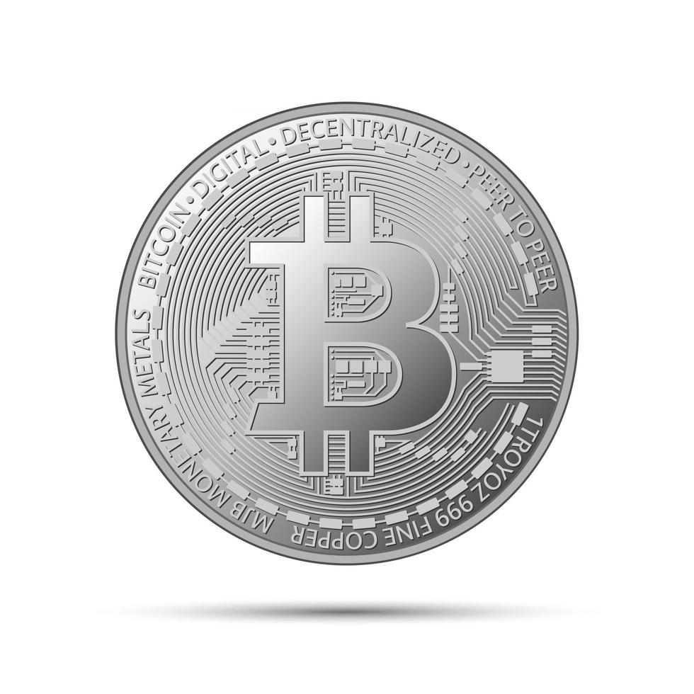 moneda de plata bitcoin, símbolo de plata de moneda criptográfica aislado sobre fondo gris, ilustración vectorial realista para su infografía, página, folleto, tecnología blockchain vector