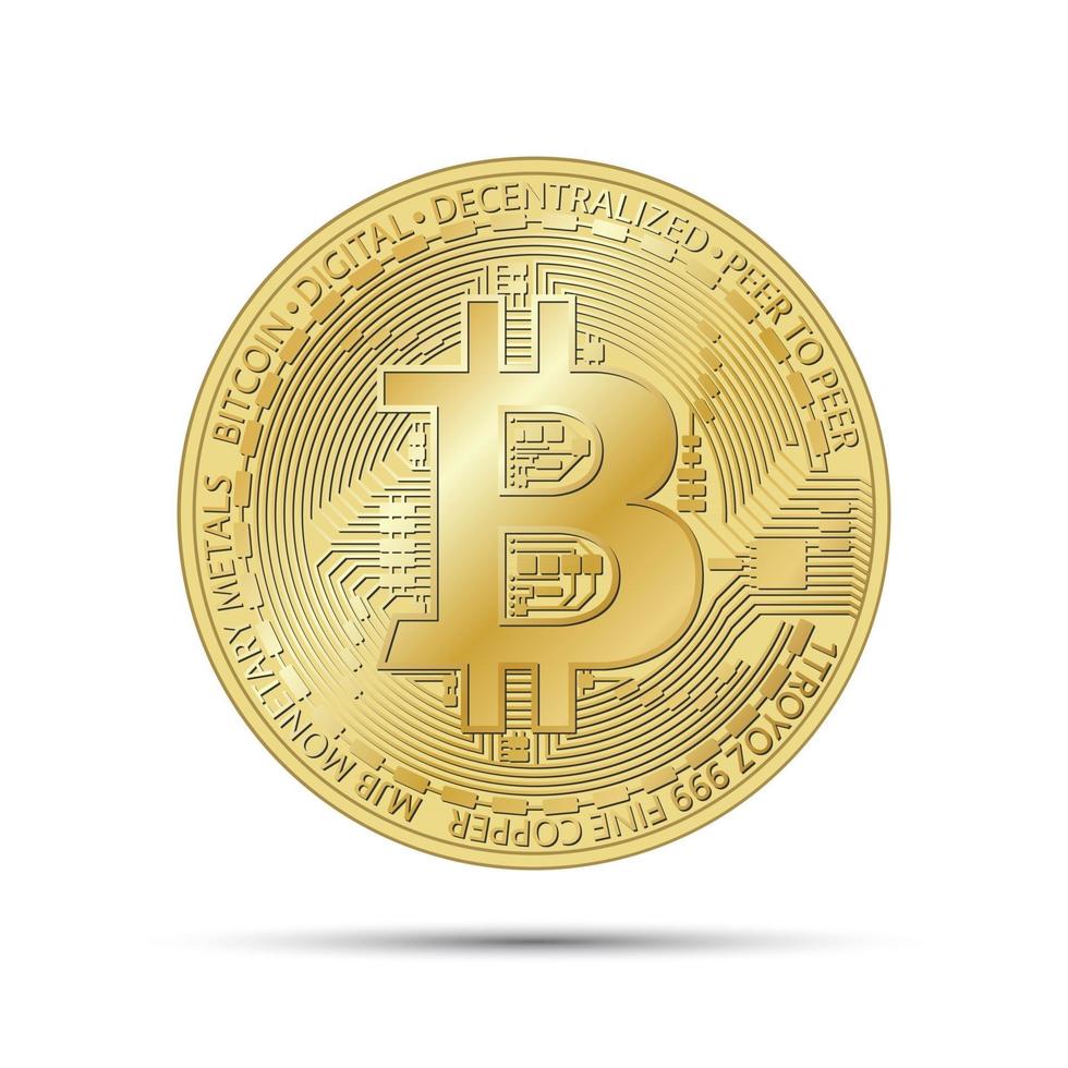 Golden bitcoin coin, crypto currency golden symbol isolated on grey background, realistic vector illustration for your infographic, page, leaflet, blockchain technology