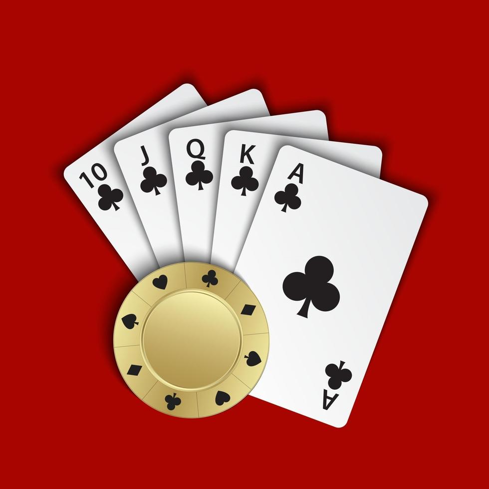 A royal flush of clubs with gold poker chip on red background, winning hands of poker cards, casino playing cards and chip vector